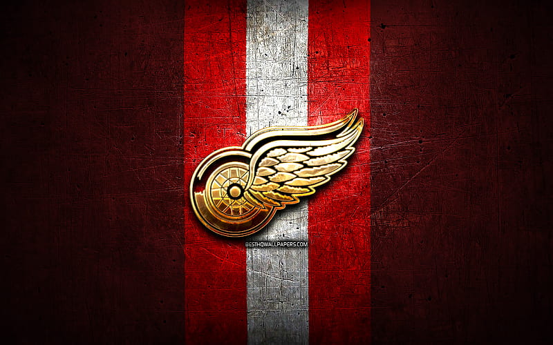Detroit Red Wings, golden logo, NHL, red metal background, american hockey team, National Hockey League, Detroit Red Wings logo, hockey, USA, HD wallpaper