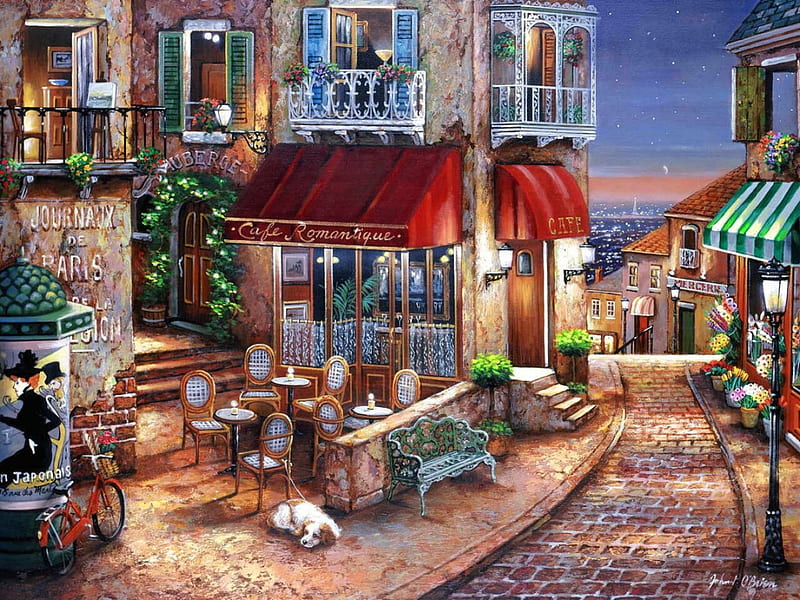 Romantic cafe, colorful, art, cafe, quiet, lovely, romantic, romance, houses, town, bonito, lights, coffee, restaurant, painting, street, dog, HD wallpaper