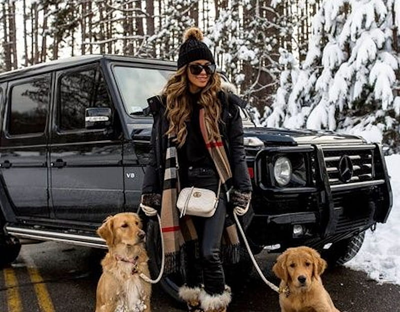 Winter Road Trip, pretty, lovely, stunning, bonito, women are special, breathtaking, lips nails eyes hair art, woman, winter, snow, season, gorgeous, female trendsetters, dogs, HD wallpaper