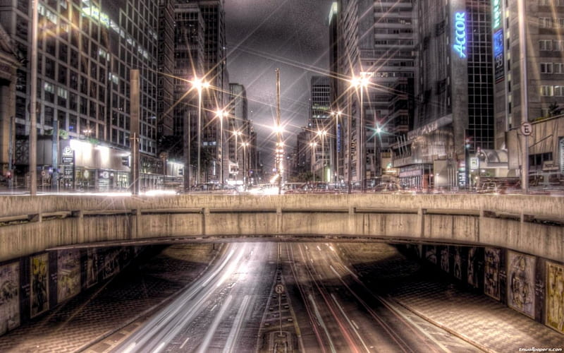 overpass late in the city r, highway, city, r, overpass, lights, night, HD wallpaper