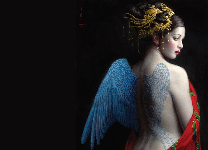 Angel, red, art, wings, luminos, tattoo, black, fantasy, girl, asian, painting, pictura, blue, chie yoshii, HD wallpaper