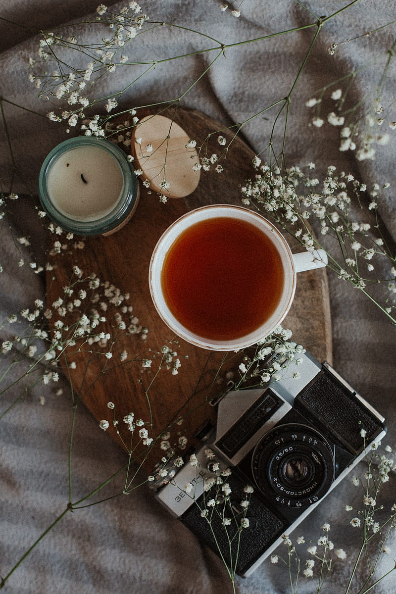 tea, mug, camera, candle, flowers, still life, HD phone wallpaper