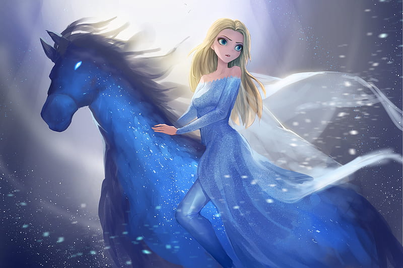 Elsa, snow queen, frozen 2, horse, luminos, movie, fantasy, water, girl, white, blue, HD wallpaper