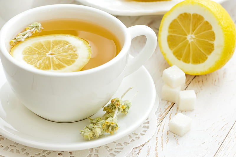 White teacup and lemon, Lemons, Refresh, Tea, Food, HD wallpaper
