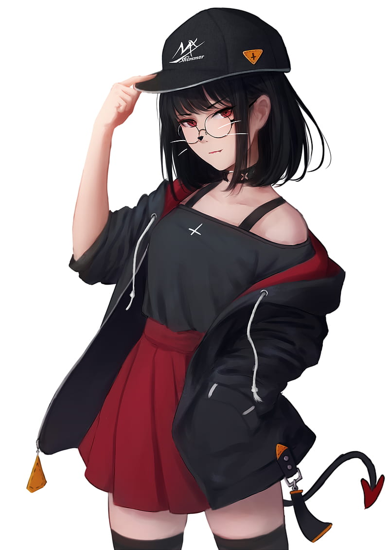 anime girls, original characters, black hair, looking at viewer, fangs, red eyes, smiling, black tops, jacket, black jackets, miniskirt, thigh-highs, tail, portrait display, white background, simple background, artwork, drawing, digital art, illustration, MX shimmer, collar, baseball cap, HD phone wallpaper