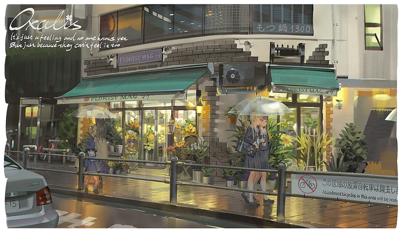 anime girls, raining, umbrella, school uniform, shops, Anime, HD wallpaper