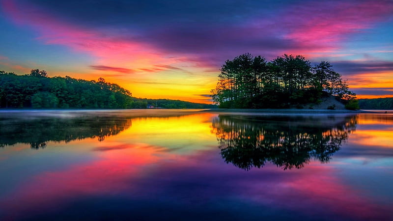 Colorful Sunset, lake, island, trees, sky, reflection, clouds, mist, HD wallpaper