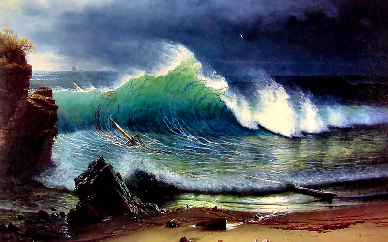 Shore of the Turquoise Sea , art, Old Master, Bierstadt, ocean, Albert Bierstadt, bonito, waves, illustration, artwork, painting, wide screen, ship wreck, HD wallpaper