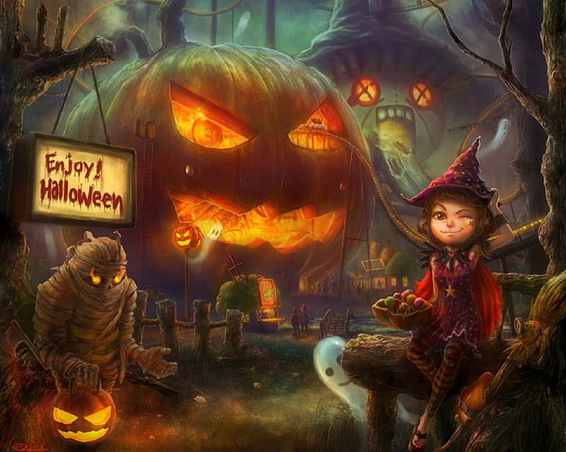 ★Enjoy Halloween★, halloween, attractions in dreams, bonito, digital art, little witch, fantasy, paintings, spooky, enjoy, lovely, colors, love four seasons, creative pre-made, mummy, amusement park, weird things people wear, pumpkins, HD wallpaper