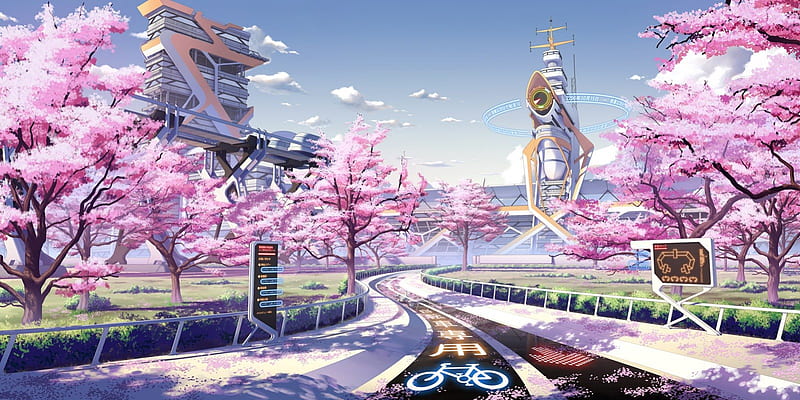 Anime Girl Cyberpunk Sci-Fi Cherry Blossom 4K Wallpaper iPhone HD