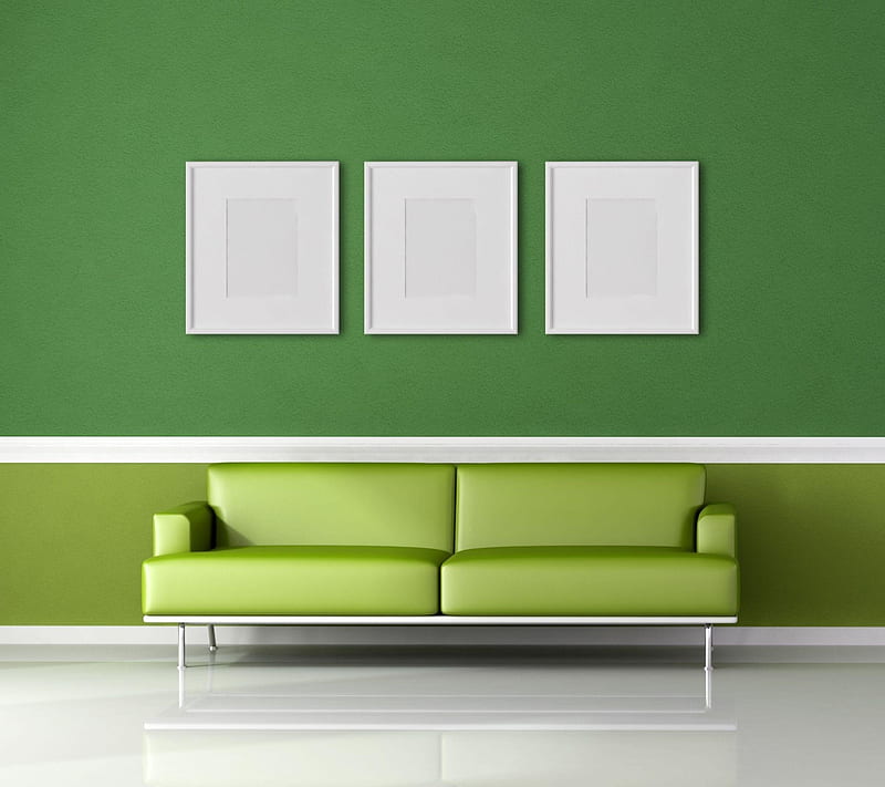 Green, room, sofa, wall, HD wallpaper
