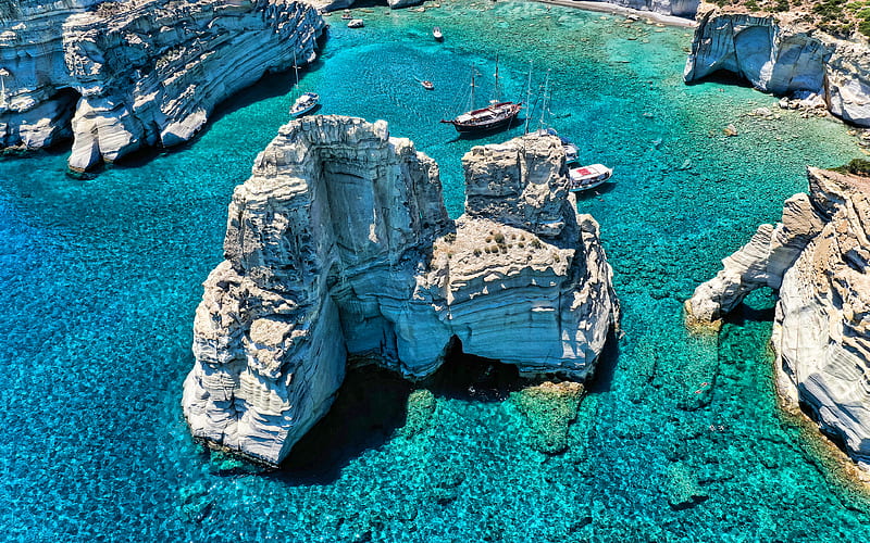 Ksylokeratia Milos bay, sea, cliffs, summer travel, Greece, Europe, beautiful nature, HD wallpaper