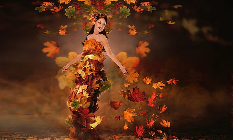 Lady in Autumn Leaves, brunette, lovely, autumn, leaves, model, feminine, fashion, HD wallpaper