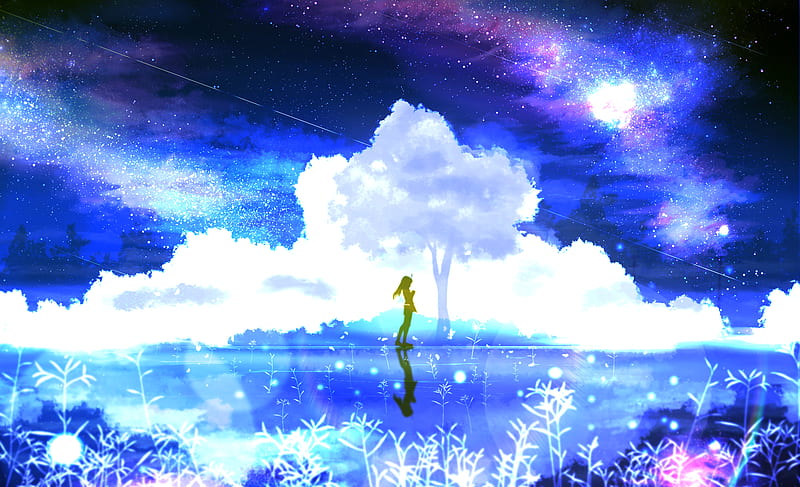 silhouette, tree, loneliness, starry sky, art, HD wallpaper