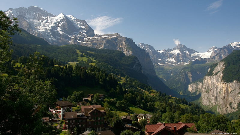 edelweiss hotel in alpine village, forest, hotel, mountains, village, valley, HD wallpaper