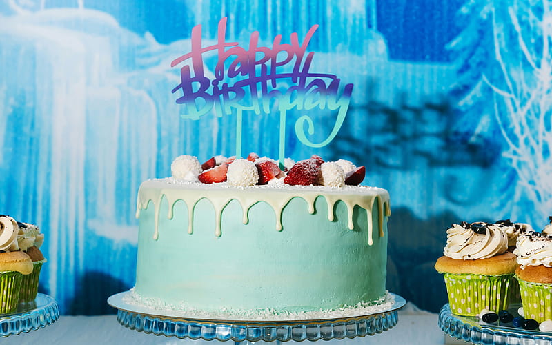 Happy birtay, blue birtay cake, candles, strawberries, birtay, congratulations, cakes, HD wallpaper