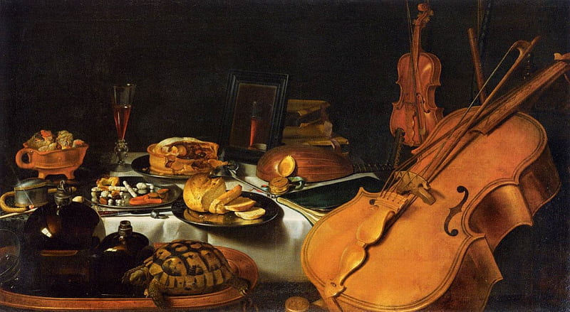 Still Life, cello, violin, food, music, bread, HD wallpaper