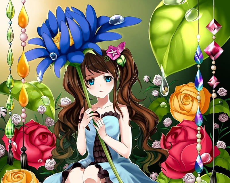 Thumbelina, dress, rose, small, floral, blossom, anime, anime girl, long  hair, HD wallpaper | Peakpx