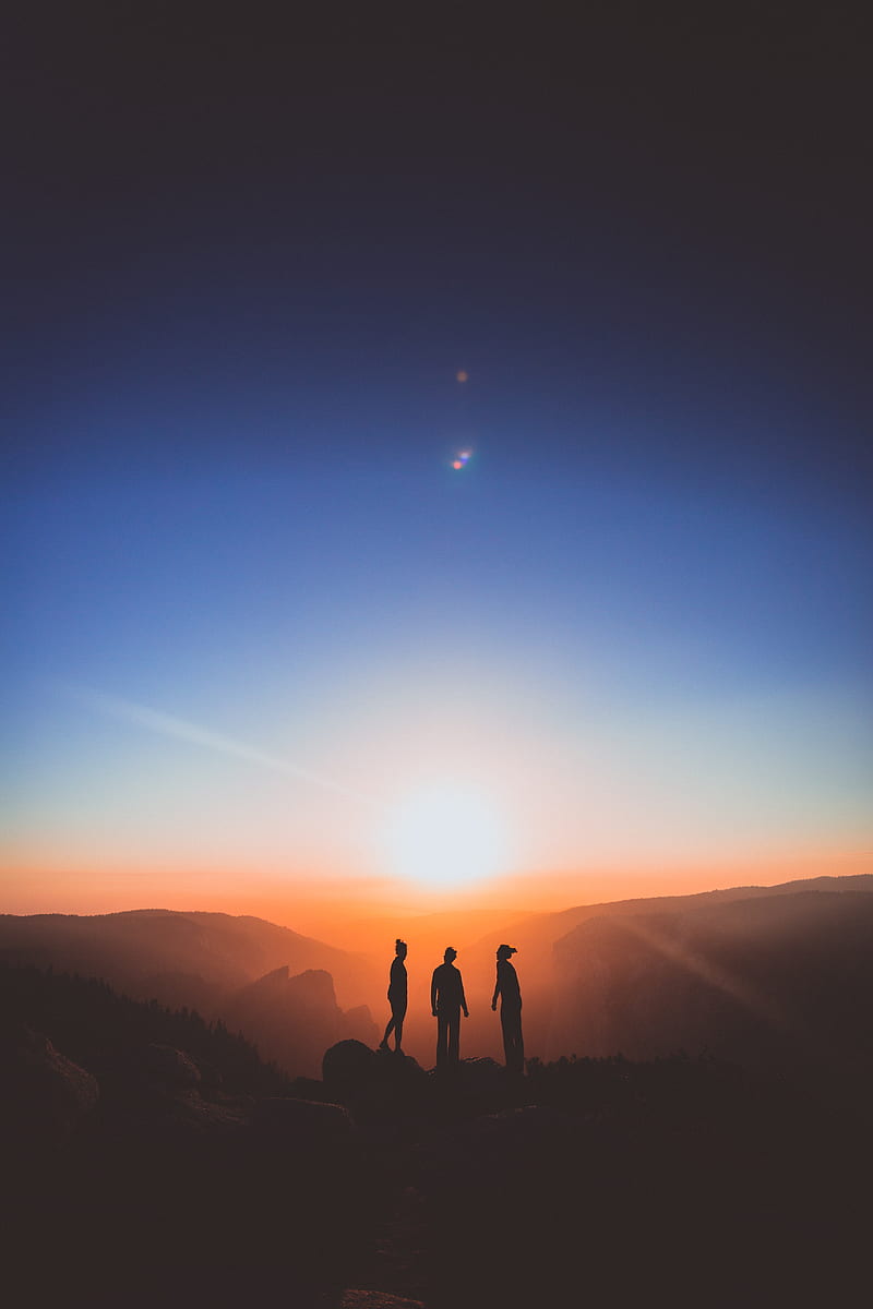 silhouette of three person standing on mountain, HD phone wallpaper