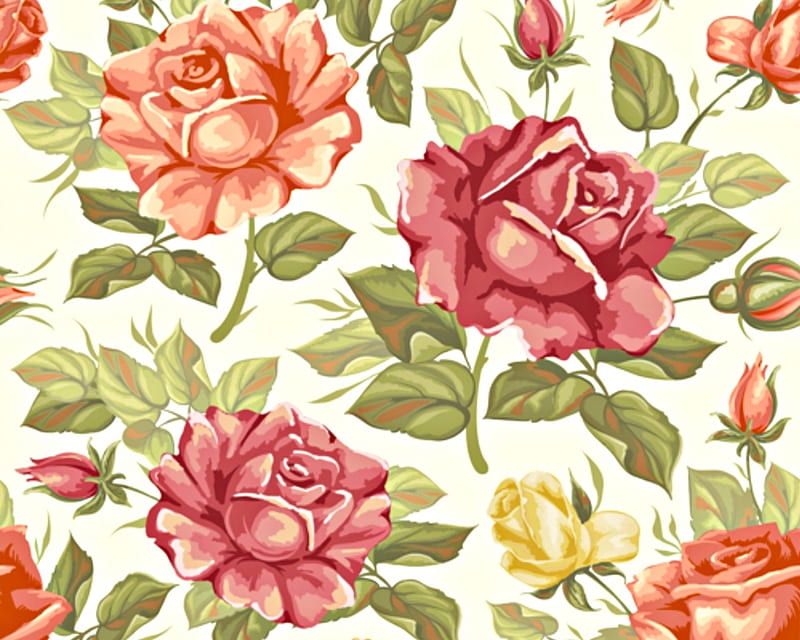 Texture, pattern, red, orange, rose, green, flower, paper, white, HD wallpaper