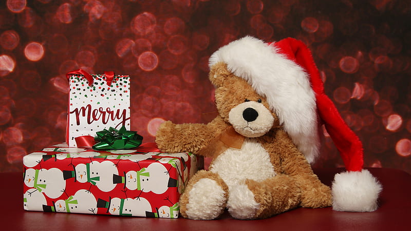 Christmas Gifts Near Teddy Bear With Santa Claus Hat Merry Christmas, HD  wallpaper | Peakpx