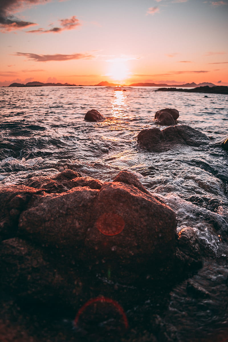 sunset, water, stones, waves, coast, HD phone wallpaper