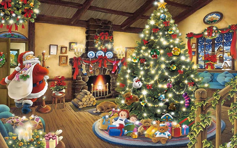 Santa’s Festive Visit, Christmas, holidays, cozy, joy, lights, fireplace, tree, santa, festive, decorations, presents, HD wallpaper