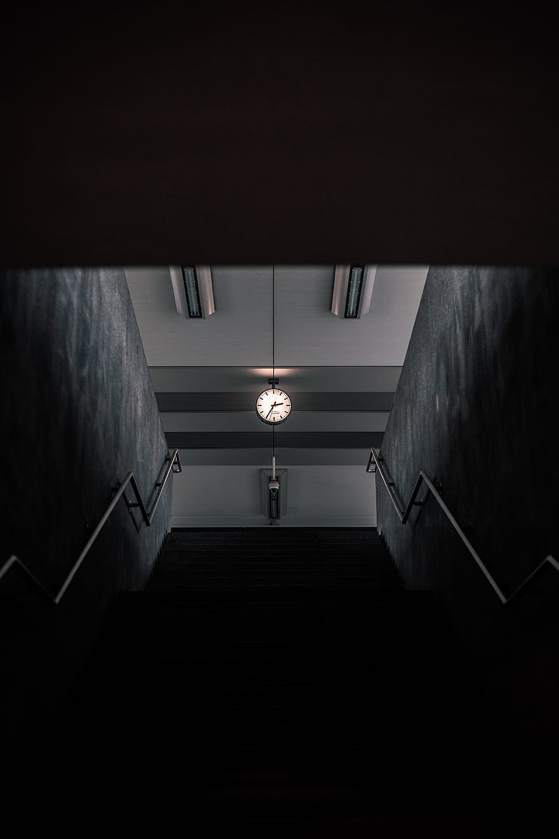 stairs, clock, room, dark, HD phone wallpaper