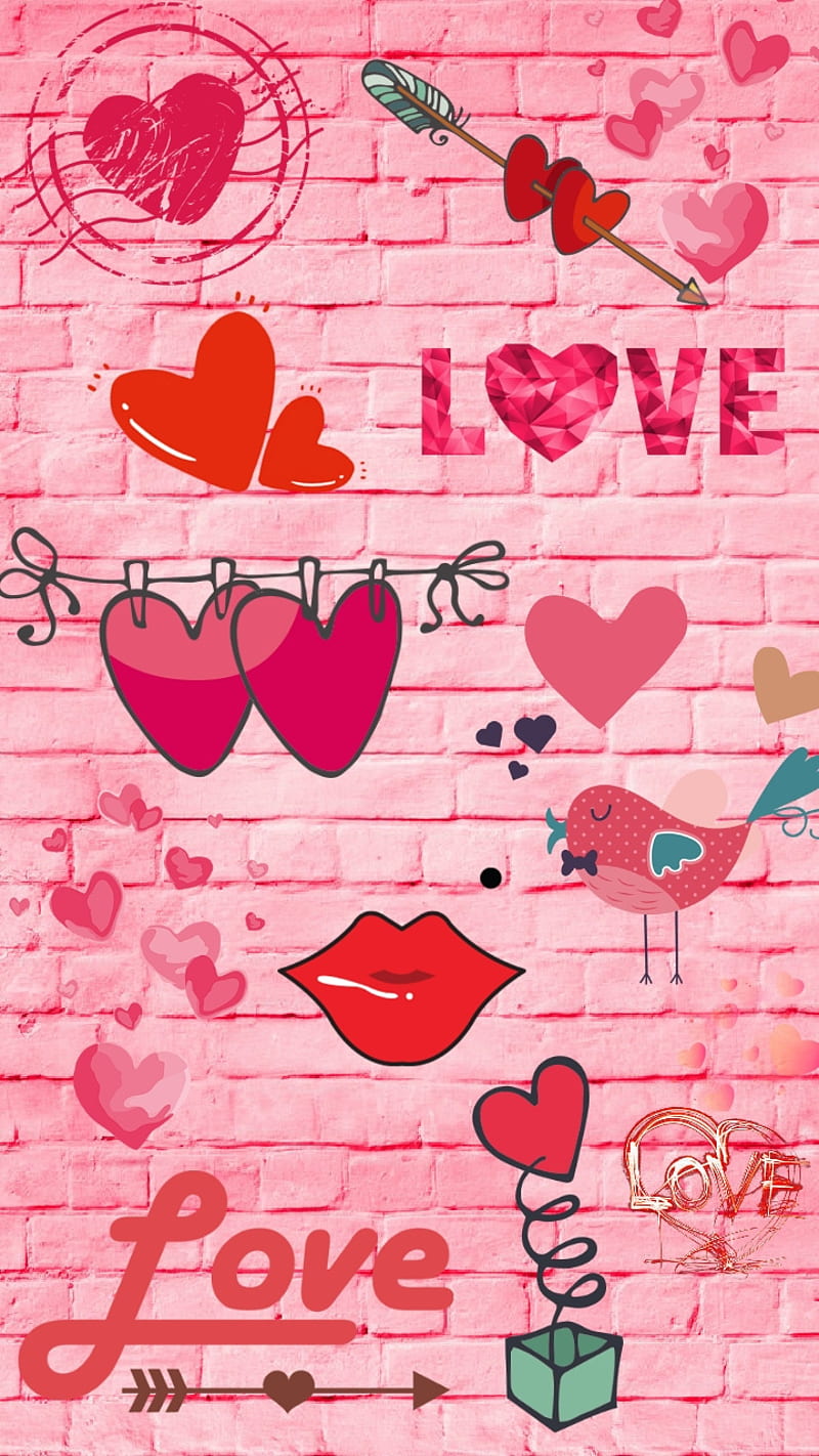 Crazy Love, arrow, graffiti, corazones, lips, pink, stamp, HD phone wallpaper
