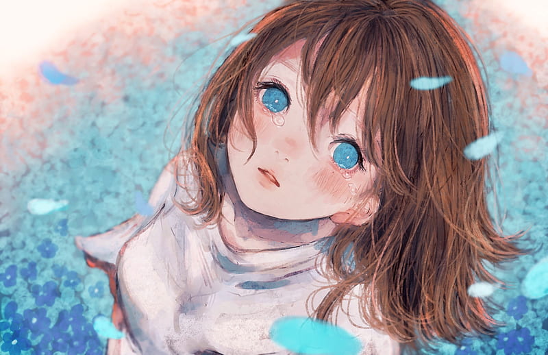 anime girl, aqua eyes, crying, tears, petals, Anime, HD wallpaper