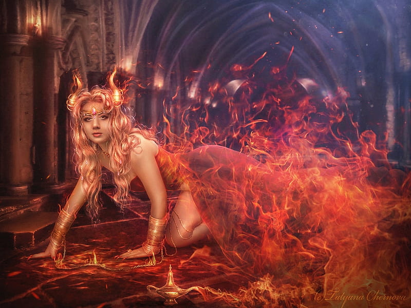 Demoness, luminos, orange, three desires in exchange for, fire, demon, fantasy, girl, tatyanache, HD wallpaper