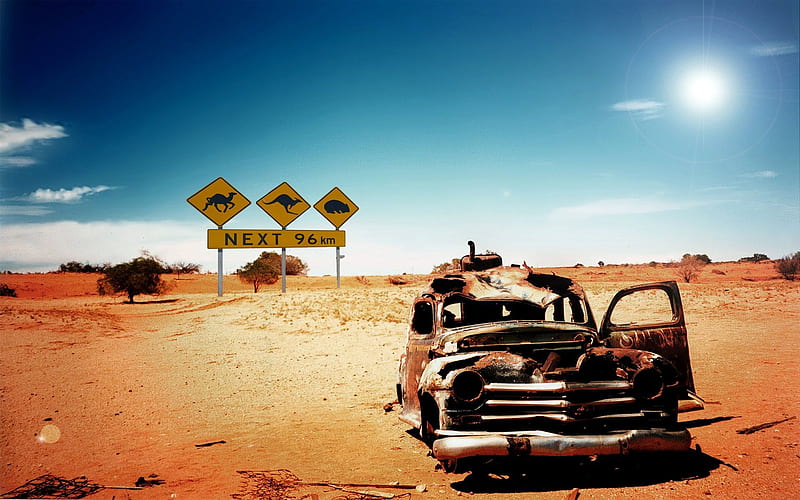 Outback Oz, red, desert, wombat, kangaroo, trees, sky, soil, old, dry, signs, car, rusty, dirt, arid, camel, blue, HD wallpaper