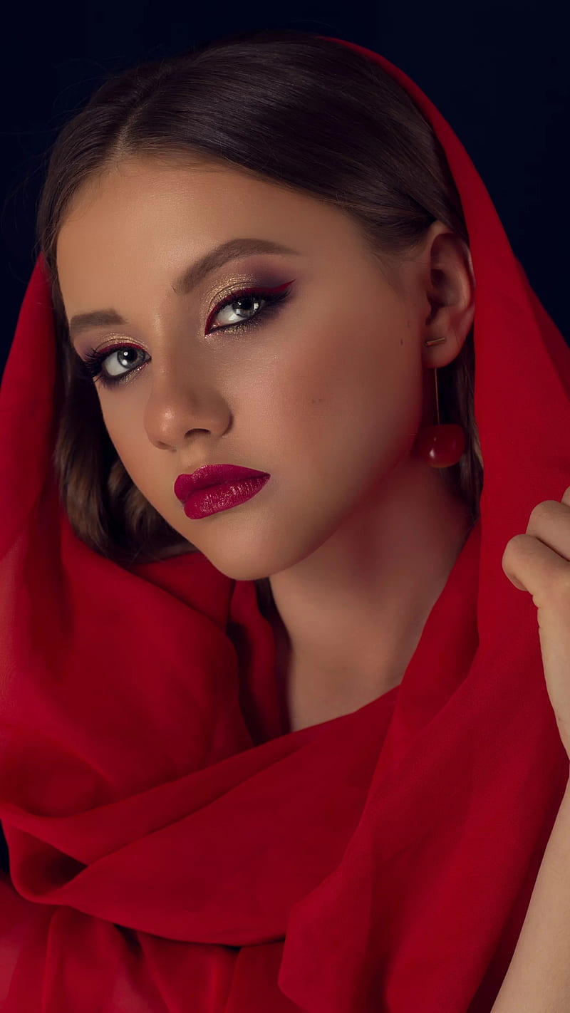 Beauty in red, bonito, charming, gorgeous, makeup, pretty, red lips, scarf, HD phone wallpaper
