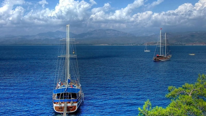 sailboats off the seacoast in fethiye turkey r, r, clouds, coast, sailboats, sea, HD wallpaper
