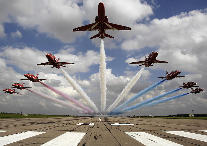 Beautiful Formation, red, raf, formation, force, arrows, royal, demonstration, air, smoke, HD wallpaper