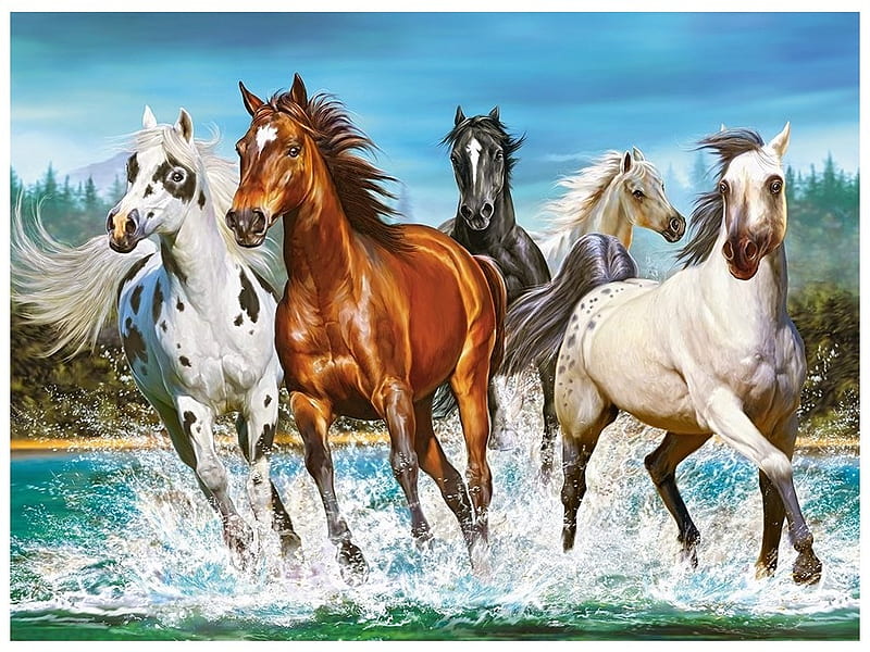 Horses, art, cal, water, vara, painting, summer, horse, pictura, HD wallpaper