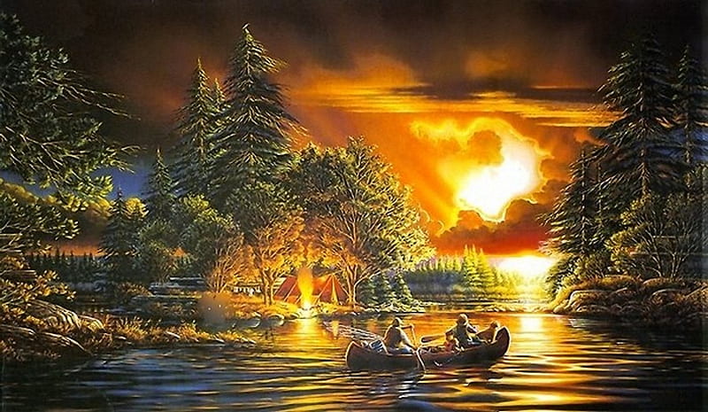 Painting by Terry Redlin, art, boat, painting, sunset, lake, terry redlin, night, HD wallpaper