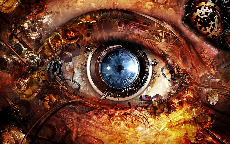 Through Steampunk Eyes, steampunk, eye, abstract, artwork, fantasy, cogs, gears, dials, lens, HD wallpaper