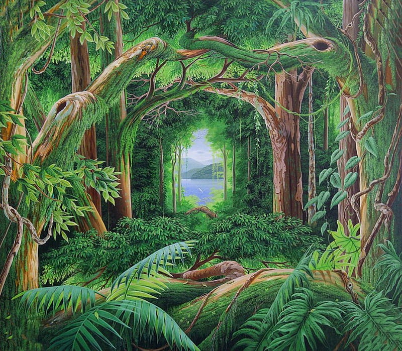Green jungle, jungle, water, view, plants, HD wallpaper