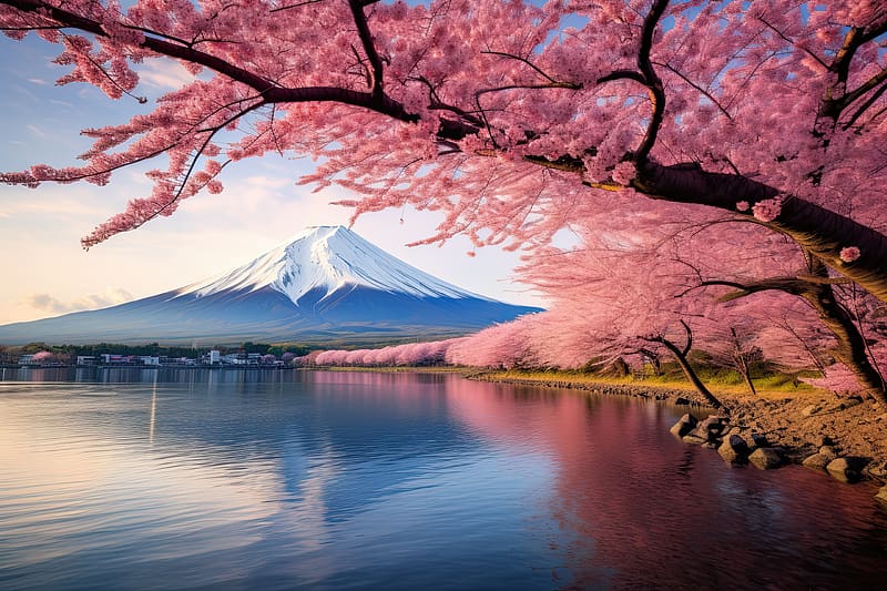 Mt Fuji and cherry blossom, Lake, Japan, Mountains, Spring, HD wallpaper