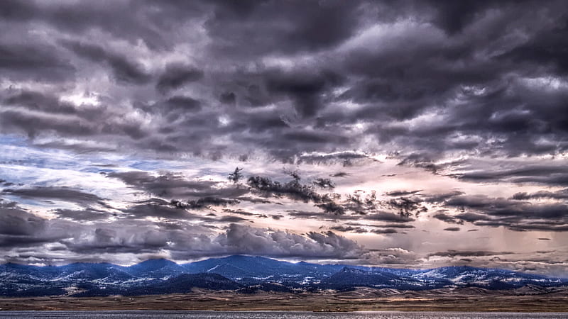 big sky in grey, grey clouds, plains, sky, mountains, HD wallpaper