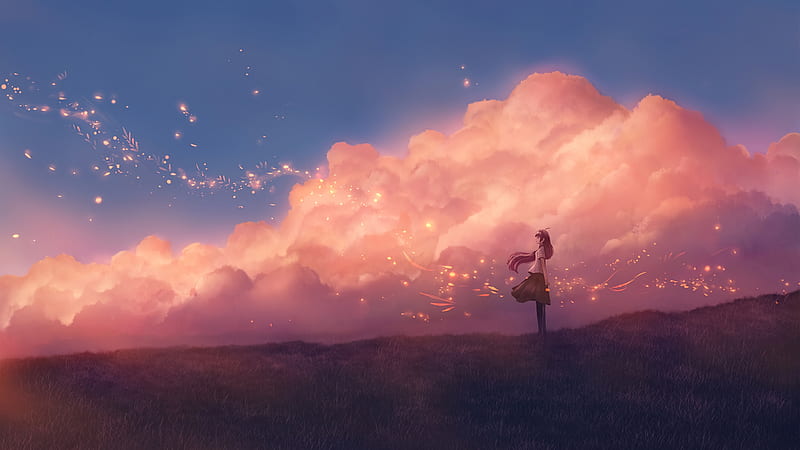 anime landscape, girl, clouds, scenic, mood, magicial, particles, Anime, HD wallpaper