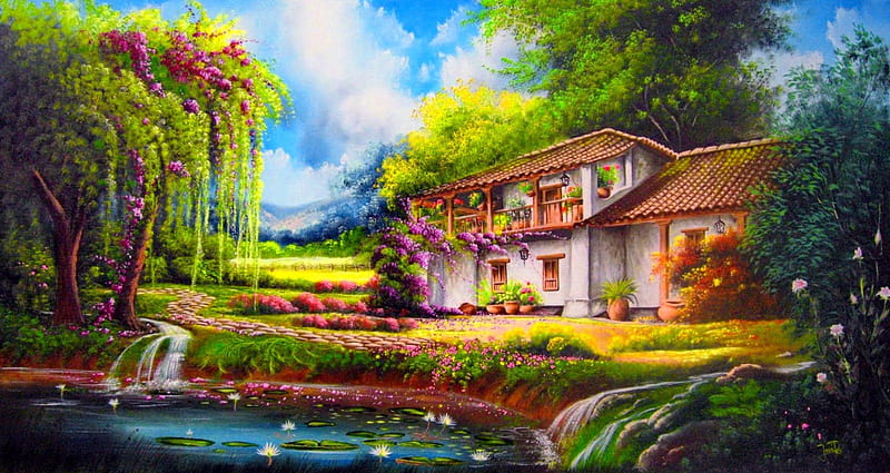 Rural landscape, pretty, colorful, house, grass, cottage, bonito, countryside, painting, village, rural, art, rest, calmness, flwoers, spring, sky, trees, lake, freshness, pond, serenity, peaceful, summer, HD wallpaper
