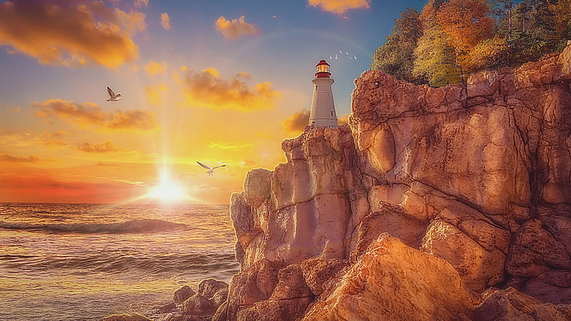 Lighthouse on the Edge of a Cliff, autumn, sun, birds, trees, clouds, lighthouse, sea, mountains, cliff, HD wallpaper
