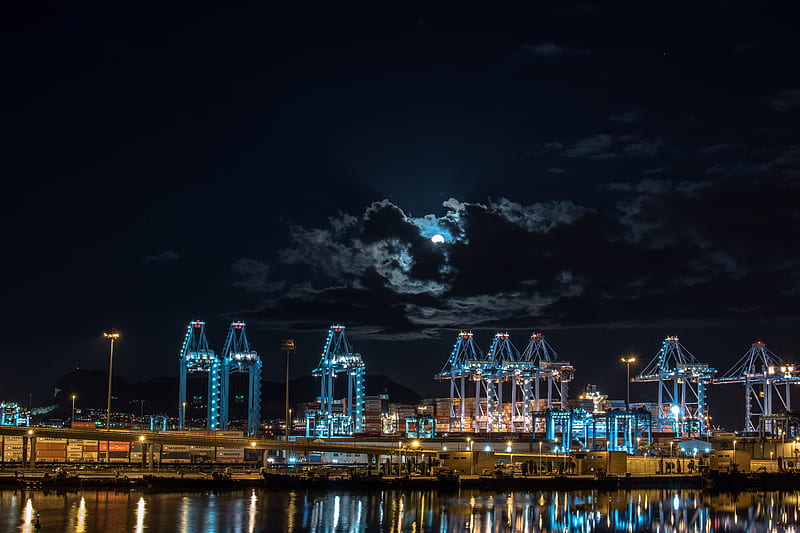 night city, port, lights, moon, night, HD wallpaper