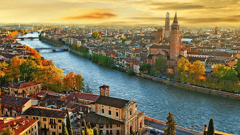 Verona,The City of Love,Italy, waterway, city, charming, bridge, landmark, verona, nature, river, italy, HD wallpaper