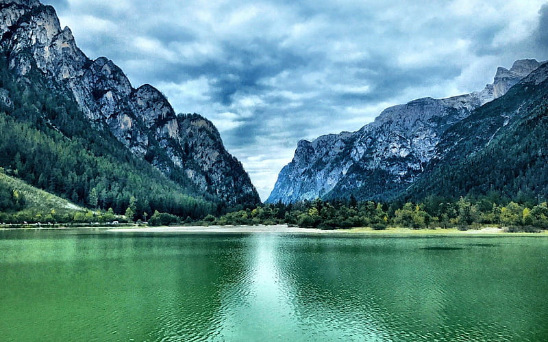 Lake Dobbiaco, R, beautiful nature, summer, mountains, Toblacher See, Belluno, Italy, Europe, South Tyrol, Lago di Dobbiaco, HD wallpaper
