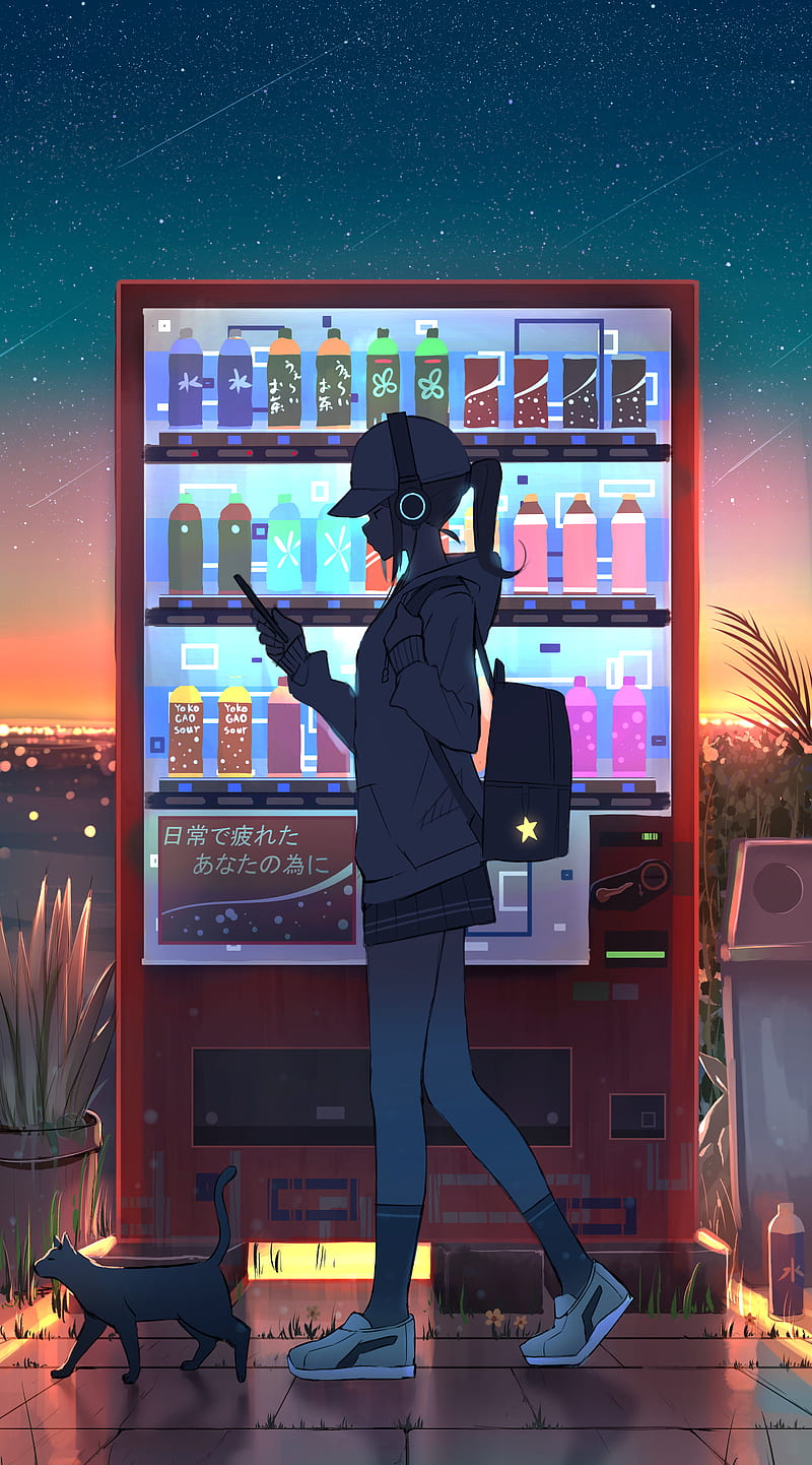 Anime, anime girls, cats, vending machine, side view, profile, women, women  outdoors, HD phone wallpaper | Peakpx