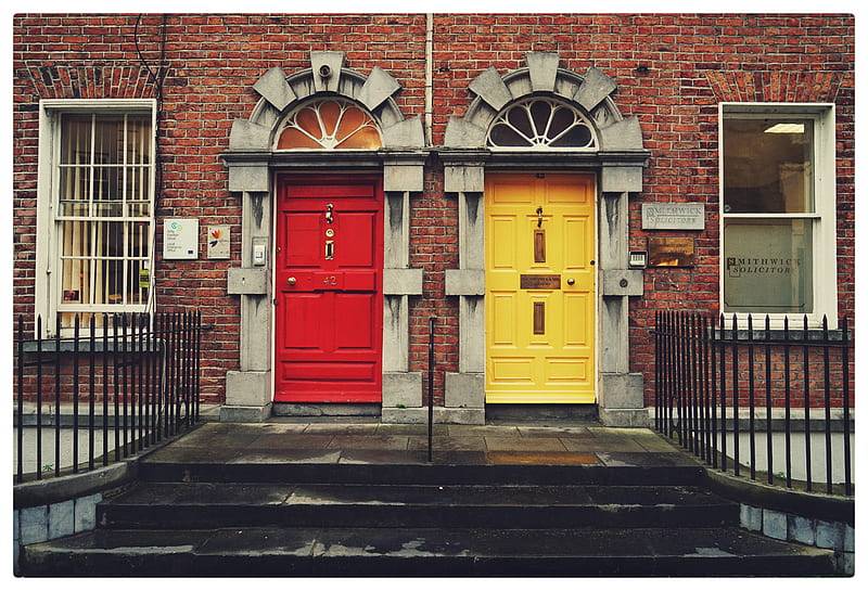 two yellow and red wooden doors, HD wallpaper