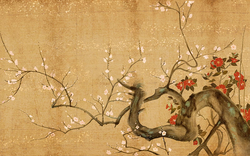 Cherry Blossom, sakura, original, japanese scroll, japanese, cherry tree, fantasy, anime, nature, petals, HD wallpaper
